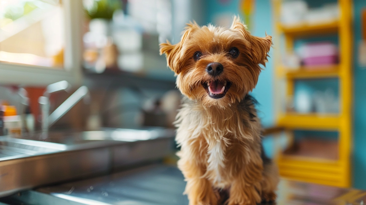 Happy dog showing healthy teeth
